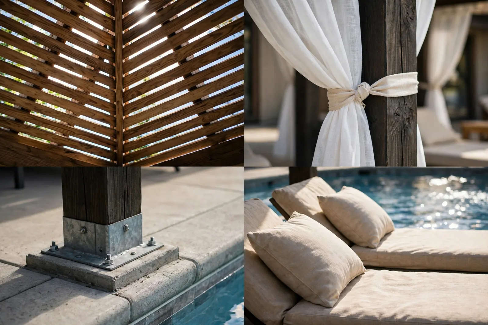 Four detail photos of a poolside cabana: cedar slat roof boards seen from below with sunlight between them, a sheer white curtain tied back to a dark timber post, a concrete footing with a metal post base beside the pool coping, and sun lounger cushions in the shade with pool water glinting behind.