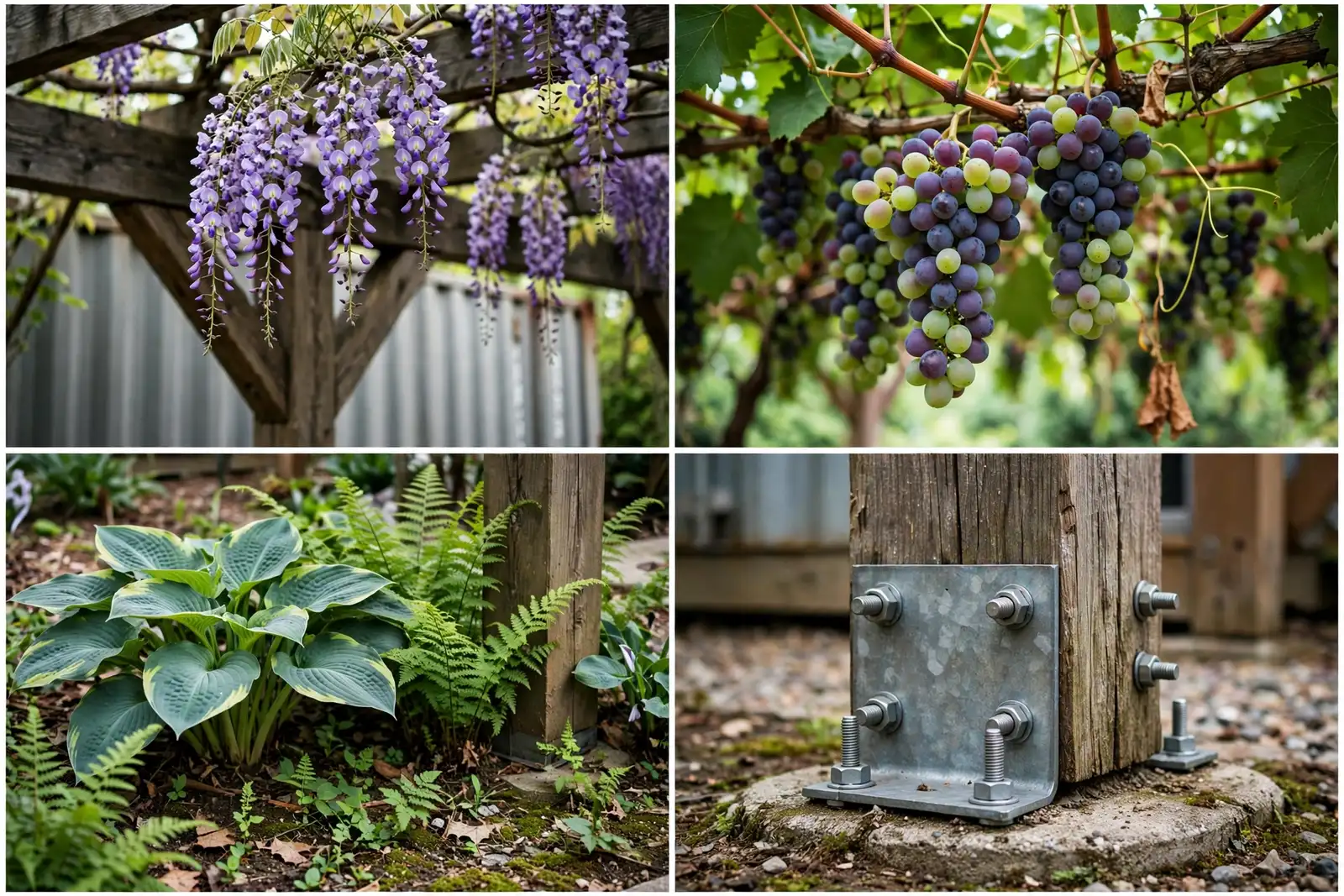 Detail collage of the planted pergola with wisteria flowers, grape clusters, hostas at the post base and the steel post bracket