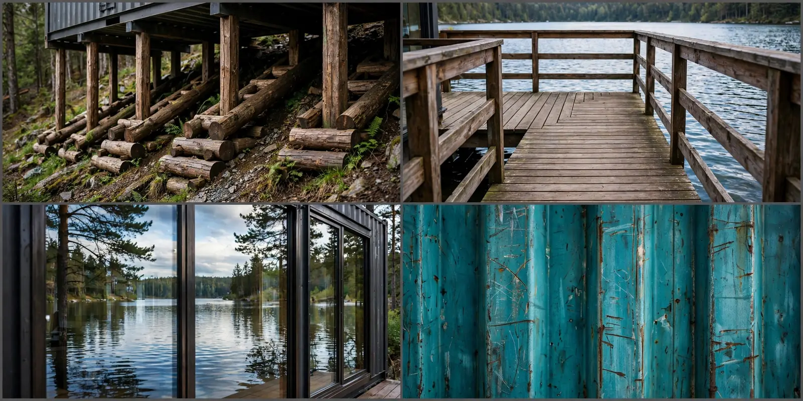 Four detail views of the Lakeside Descent: timber support piles, dock-style deck to the water, lake-reflecting windows, and weathered teal steel texture.