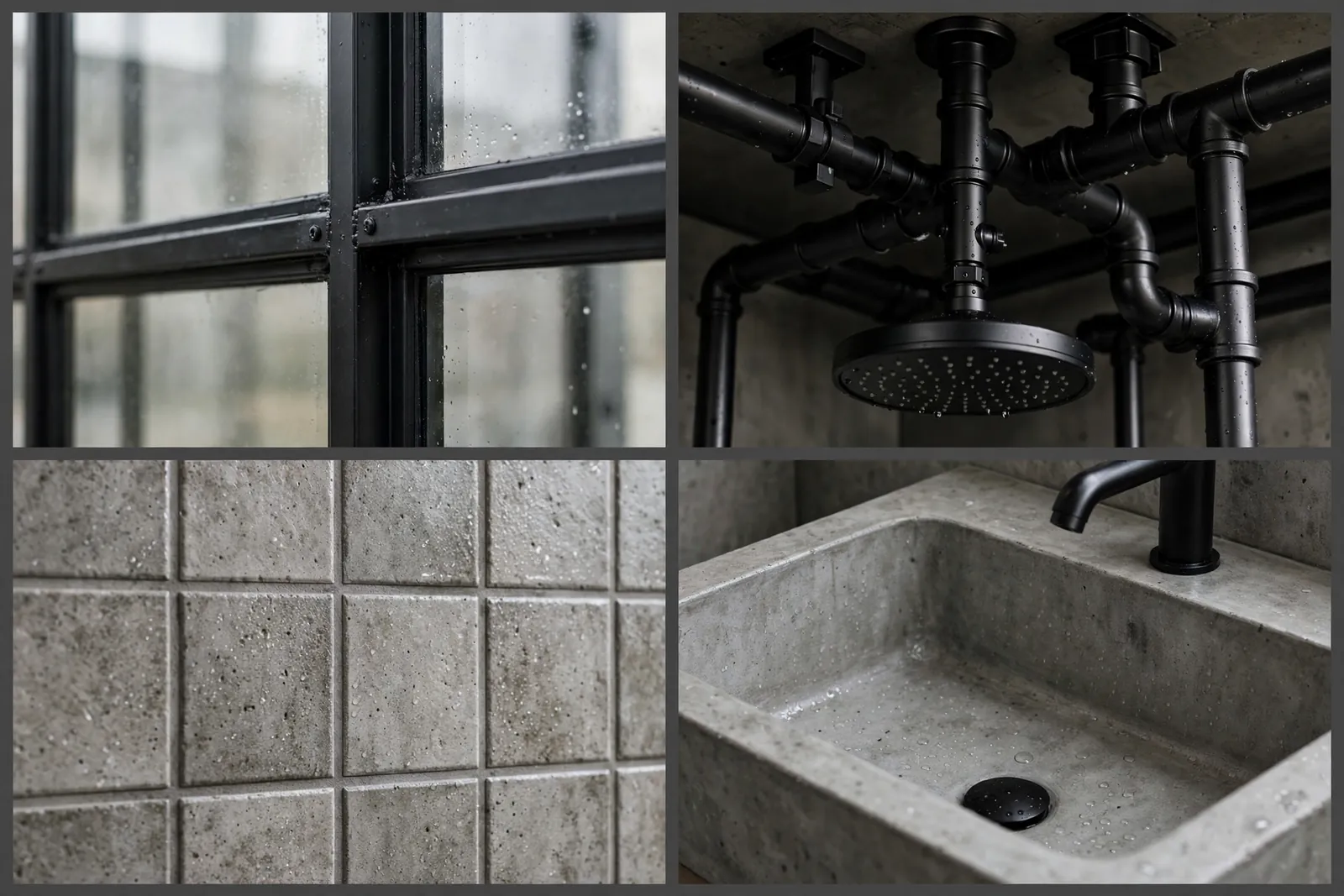 Four-panel collage of industrial wet room details: black steel glass frame, exposed shower pipes, concrete tile texture and concrete vessel sink