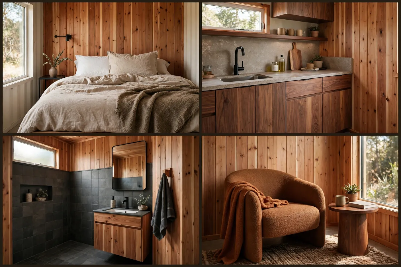 Four interior views of a cedar-clad modern container: bedroom, kitchenette, bathroom and lounge