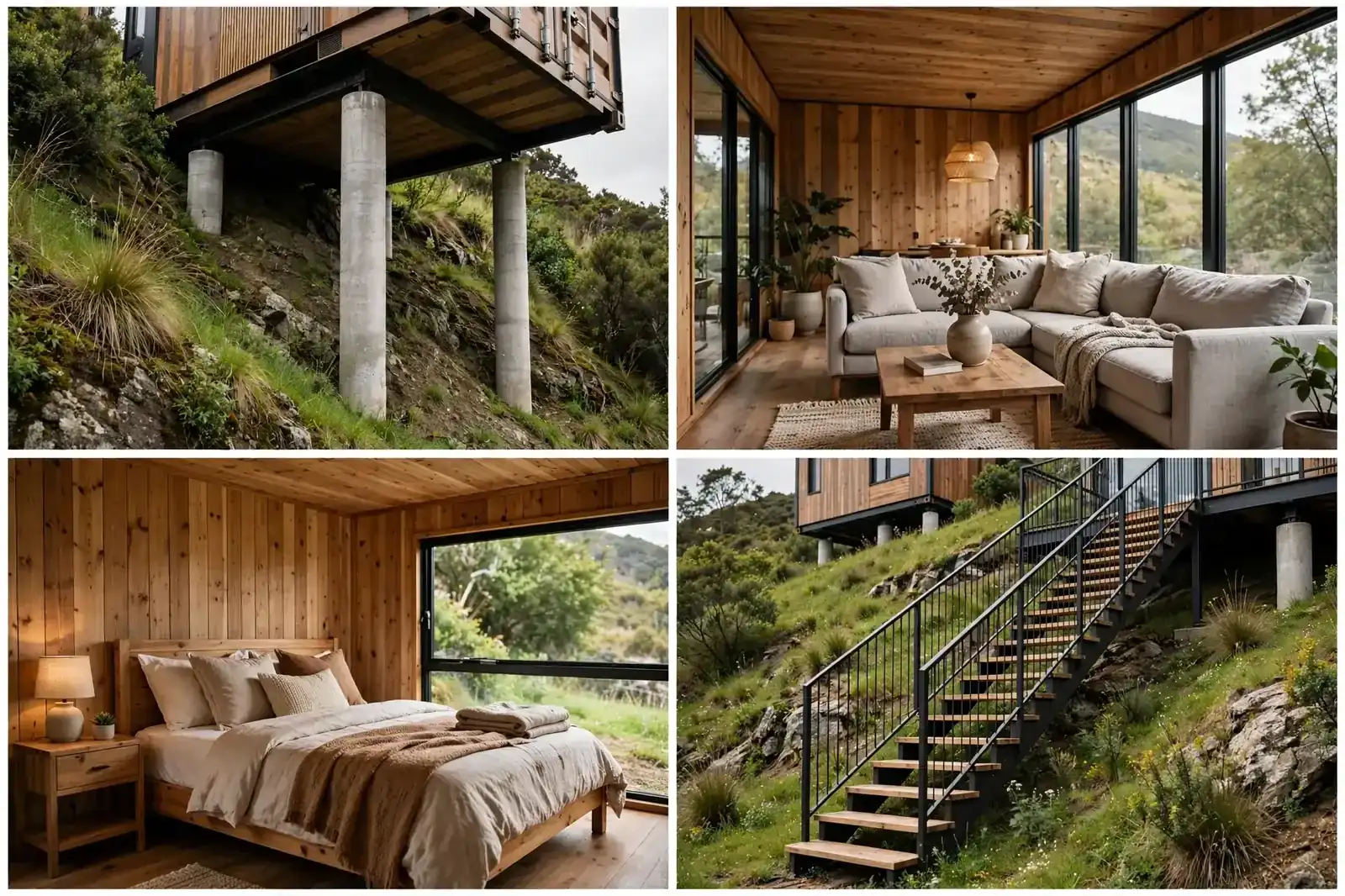 Four-panel photo collage of the split-level slope build showing the concrete support piers, upper container interior, lower container bedroom, and connecting staircase.