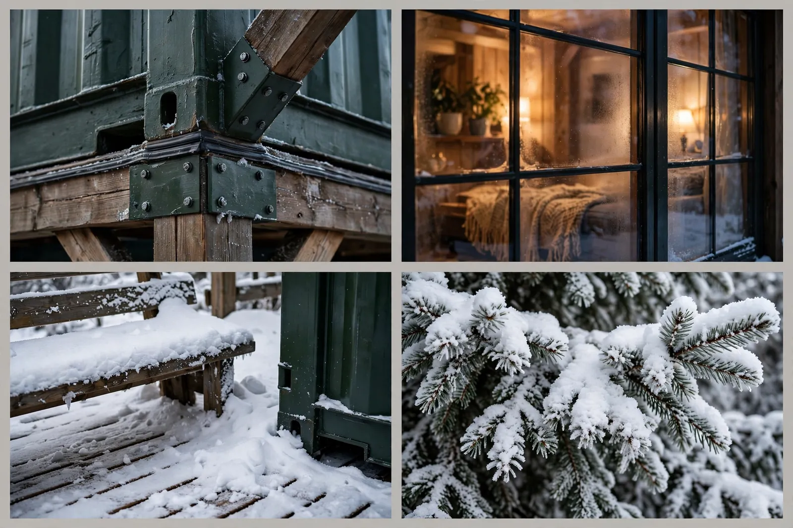 2x2 collage of close-up details from the Aurora Glass Lodge: sturdy timber-and-steel frame joint close-up, glowing warm interior seen through the triple-glazed glass, snow-covered deck and bench, and snow-laden spruce branches above
