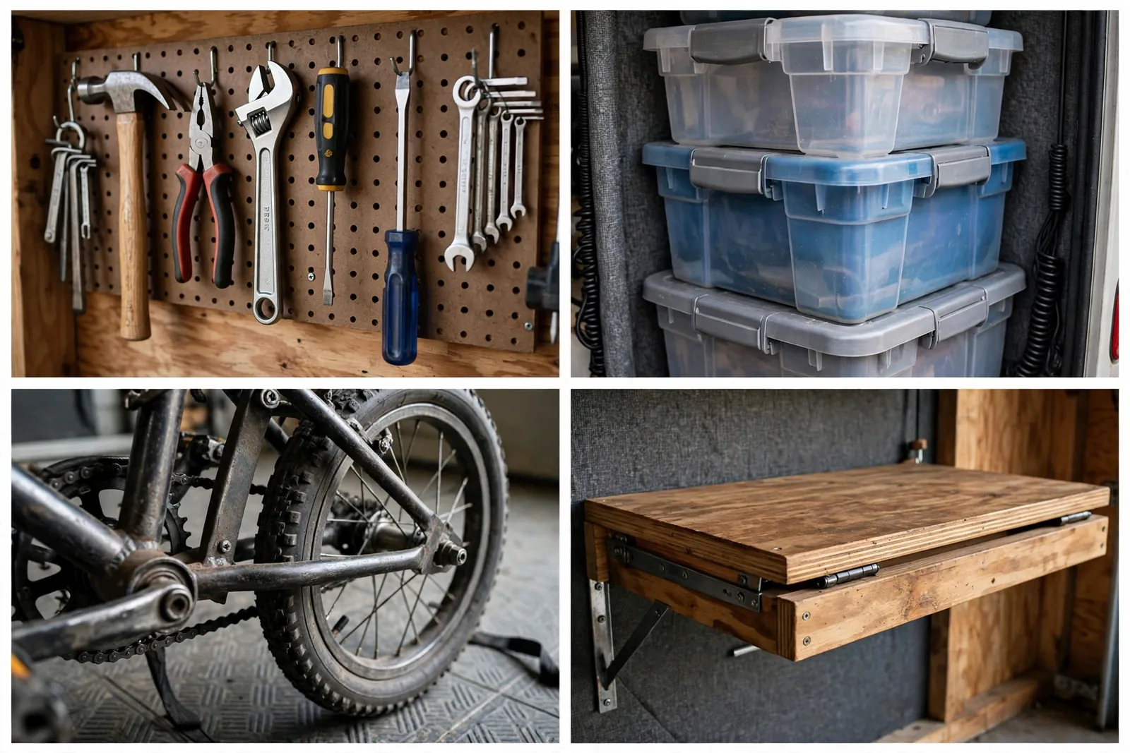 Garage details: pegboard tools, storage bins, bicycle, fold-down workbench