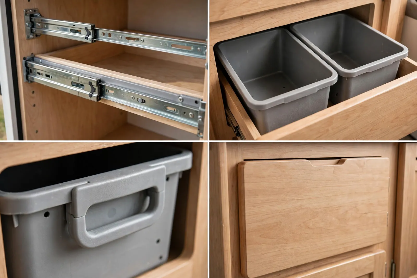 Detail collage: slide-out drawer runners, two bins side by side, bin handle, closed drawer front matching the cabinets