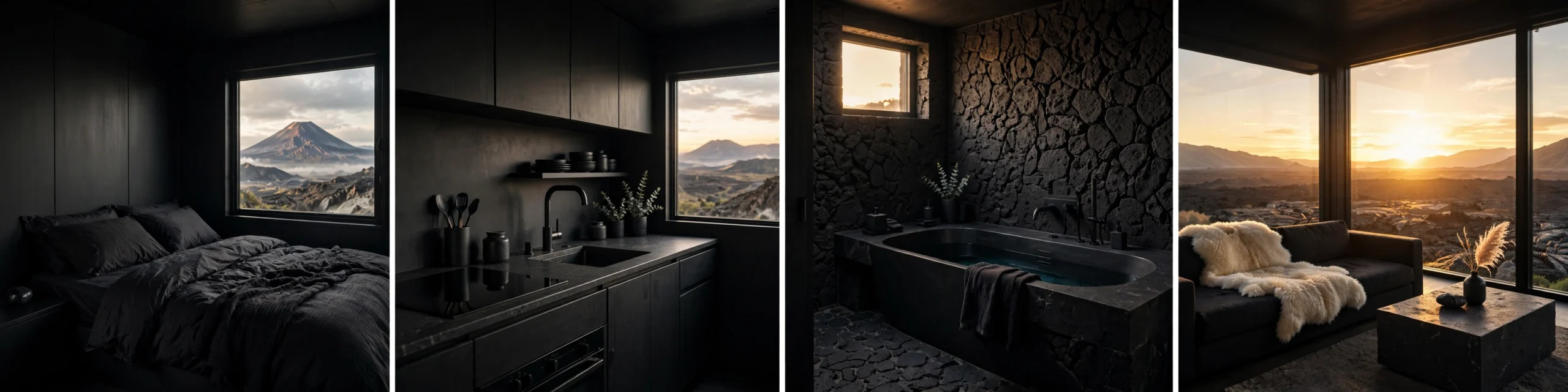 Interior collage of the volcano cabin: dark bedroom with volcano view, black kitchen, lava-stone bathroom, and living area over the lava fields