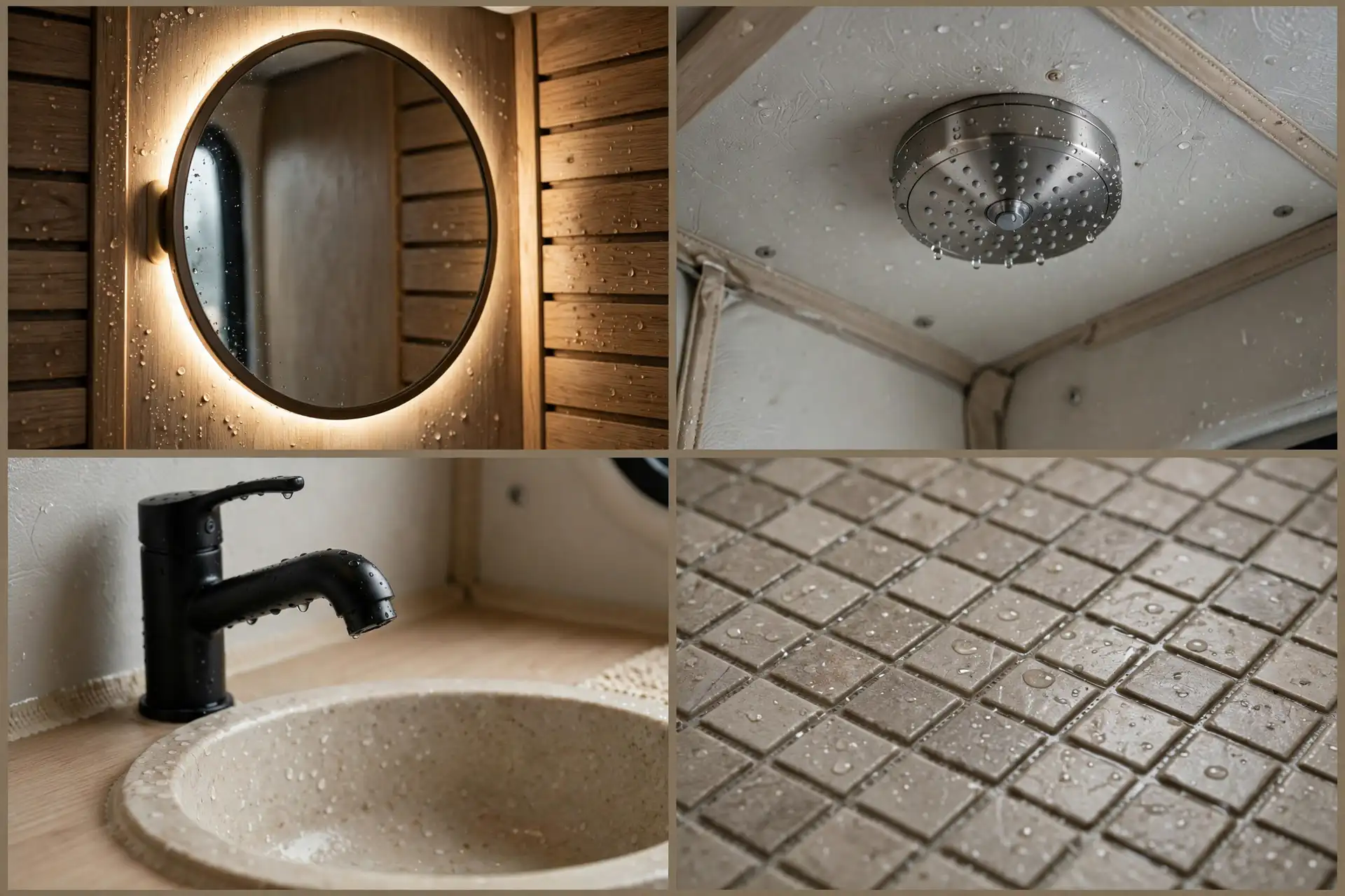 Close-up details of a spa-style camper van wet bath: backlit mirror, rainfall shower head, vessel sink and floor tile