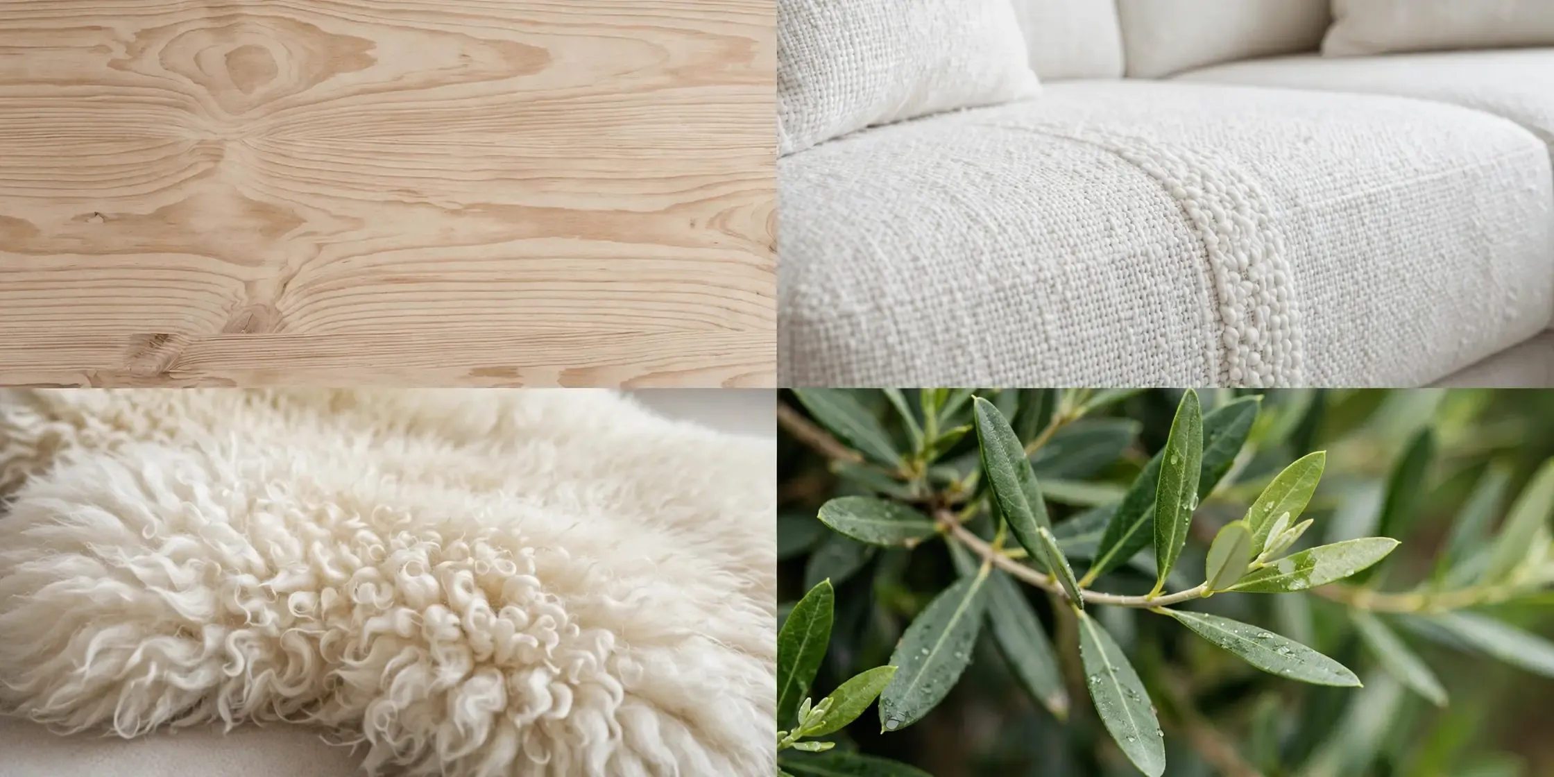 Close-up details of the Scandinavian RV lounge: light wood grain, white sofa fabric, sheepskin throw and plant leaves