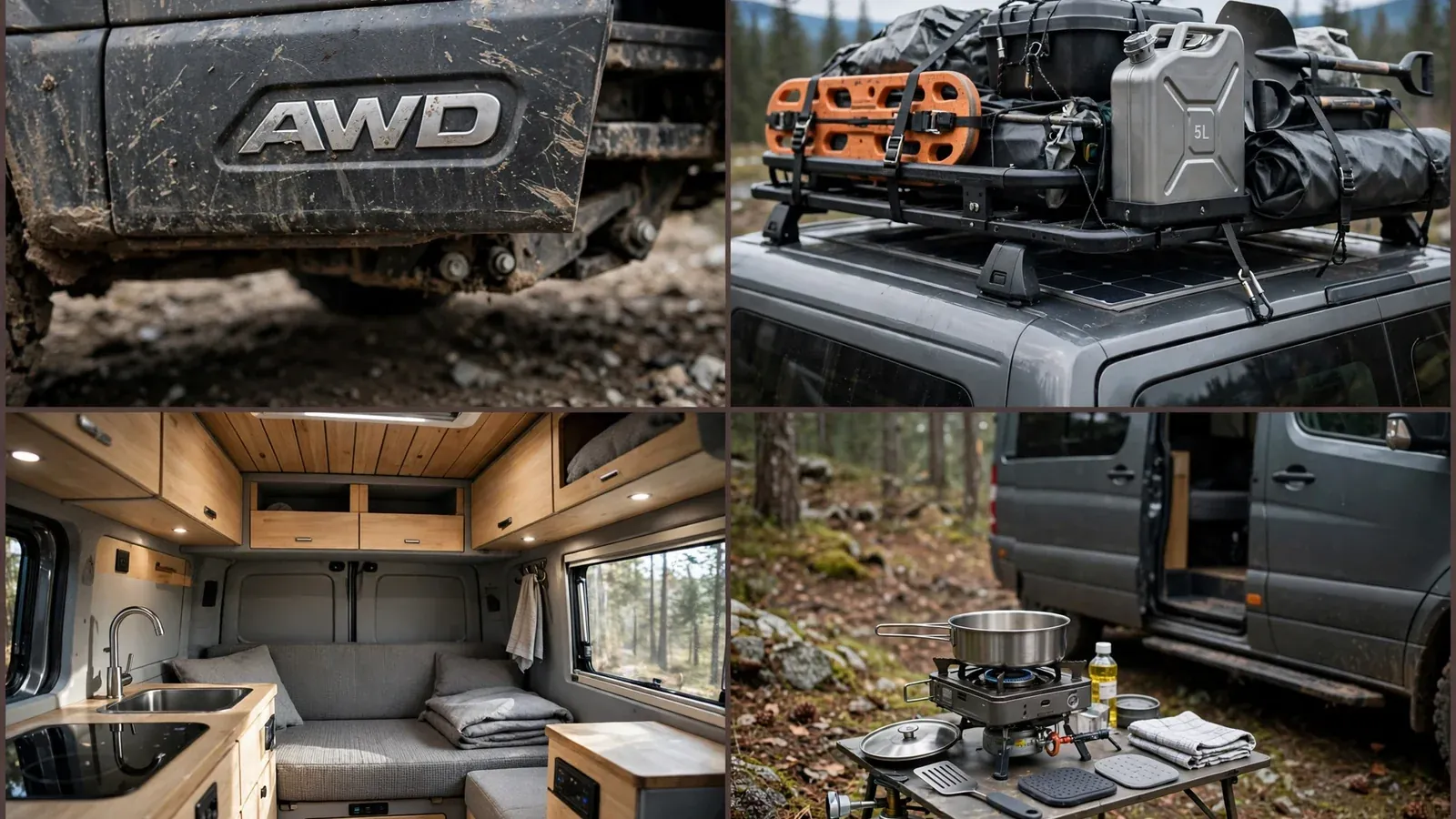 Four-panel detail collage of the Summit Seeker AWD Van showing roof rack gear, panoramic interior view and camp stove