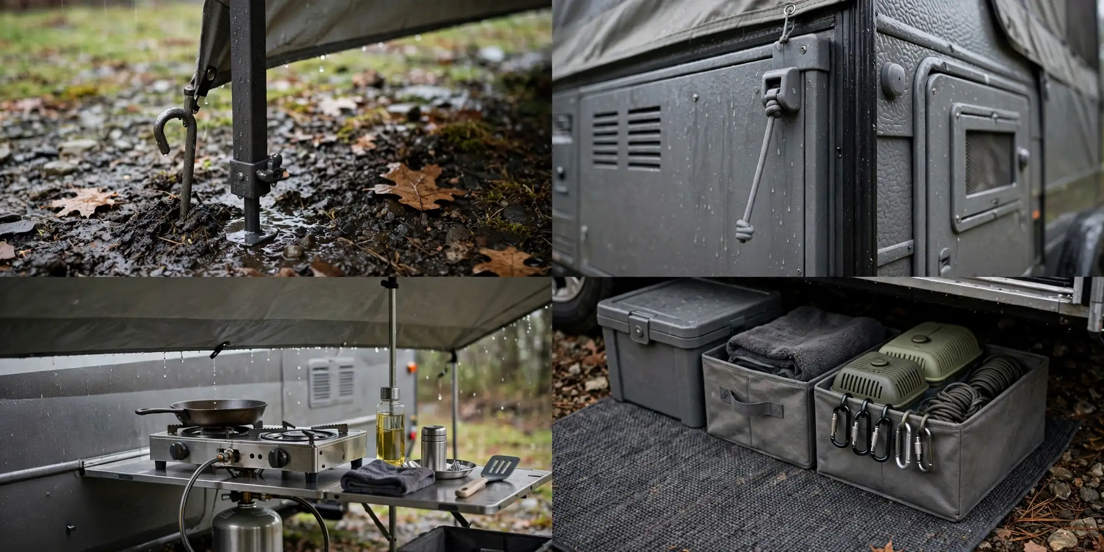 Detail collage of the rain-ready kitchen: canopy leg, side wall, stove, dry rug