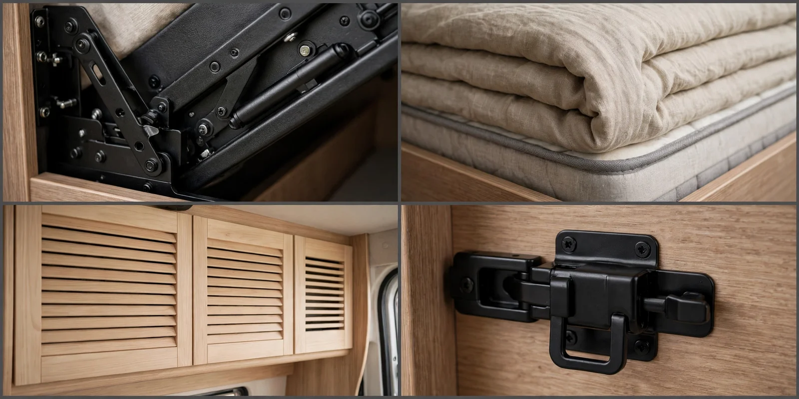 Four-panel detail collage of the Convertible Murphy Wall Bed showing the black folding hinge mechanism, folded linen bedding and mattress edge, light wood louvered wall cabinets, and the black locking latch