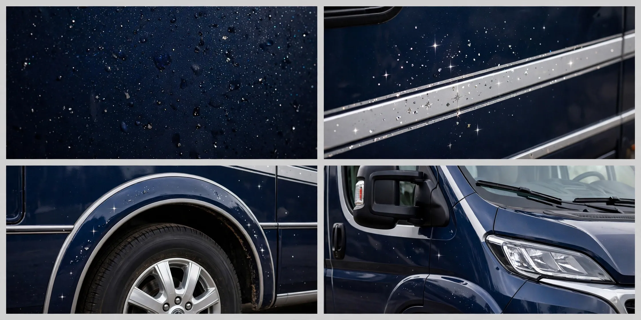 Four-panel detail collage of the midnight navy and silver starlight motorhome design