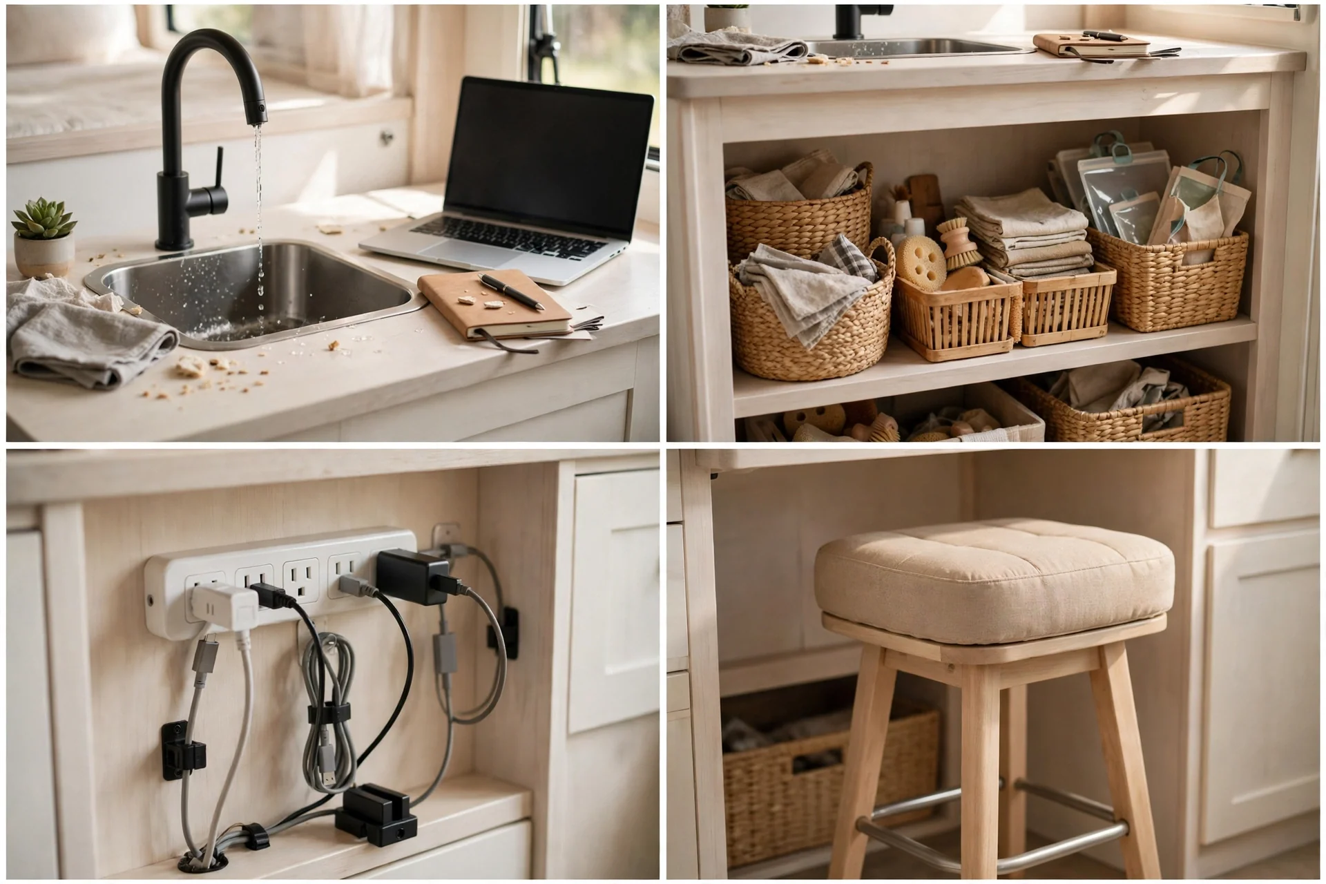 Four close-up details of the kitchen counter hot desk: counter desk surface, under-counter storage baskets, power and cable setup, and stool ergonomics
