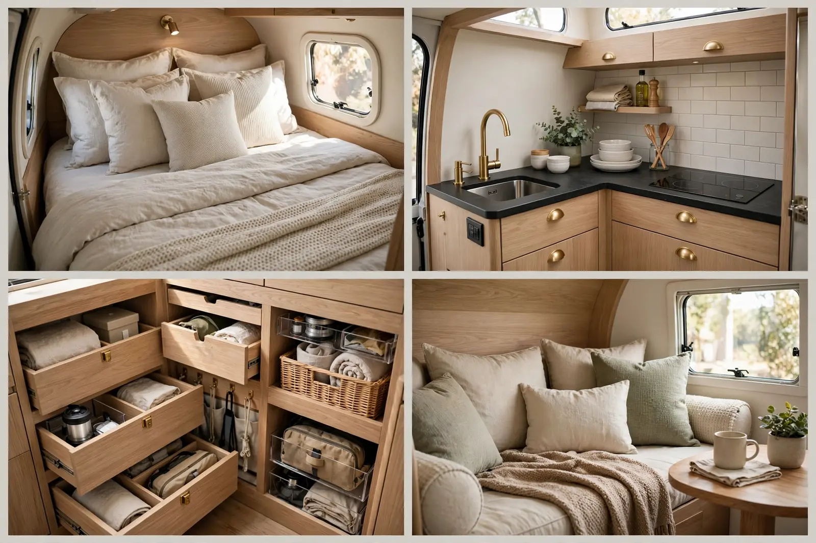 Four detail views of a luxury tiny camper trailer: plush bed, upscale kitchenette, clever storage, and cozy seating