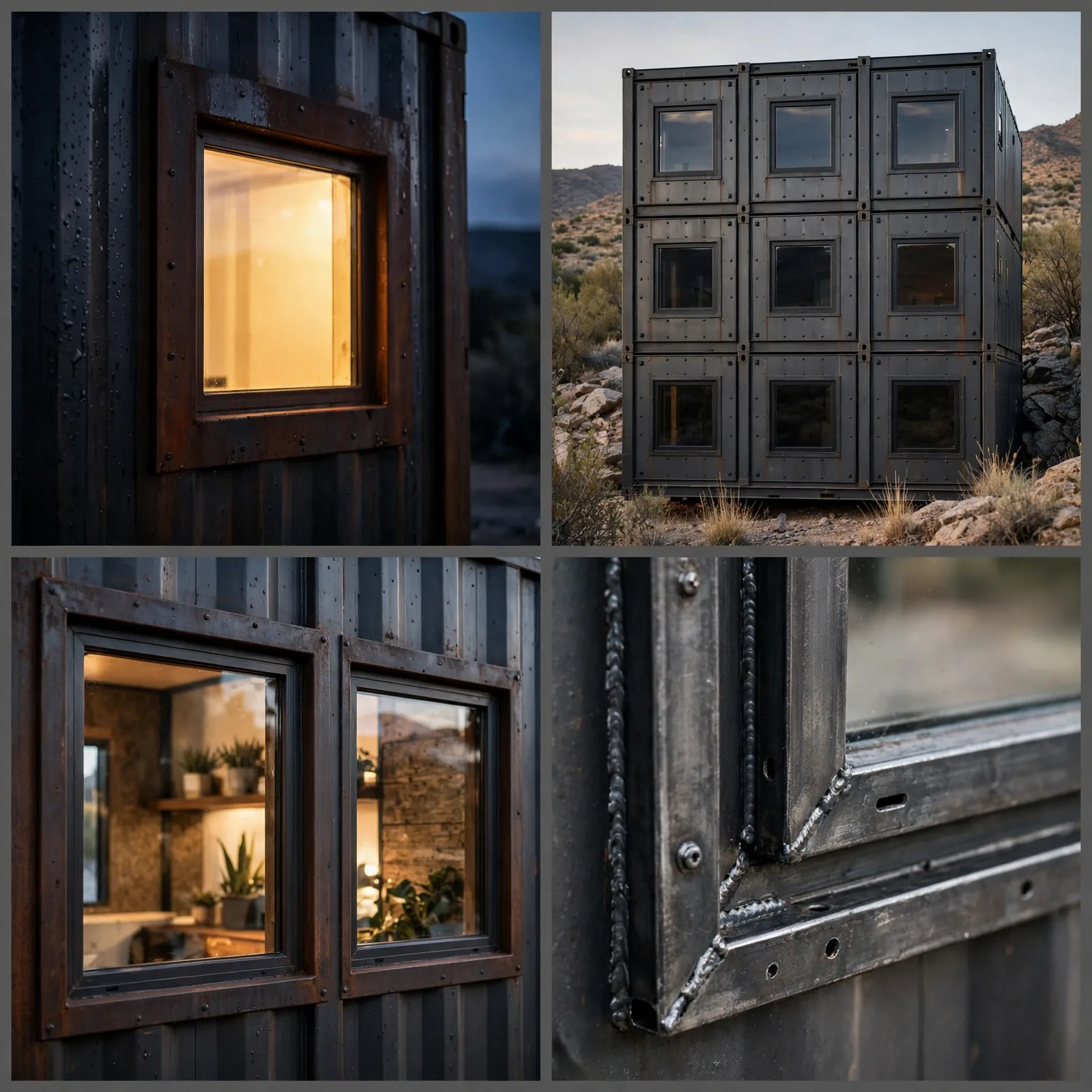 Four-panel collage of the window grid: one glowing square close-up, full nine-window pattern, interior view through two squares, frame detail