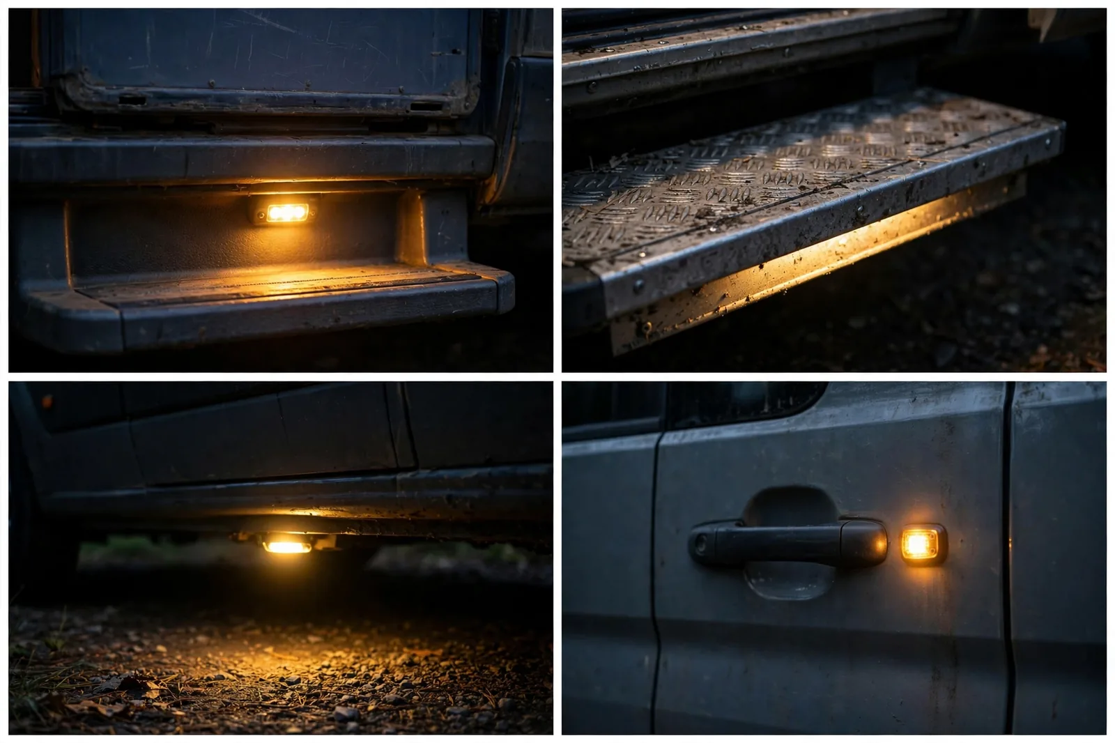 Four-panel detail collage of a small warm step light at a camper van sliding door showing the light glowing beside steps, step detail, and light near the door handle at night