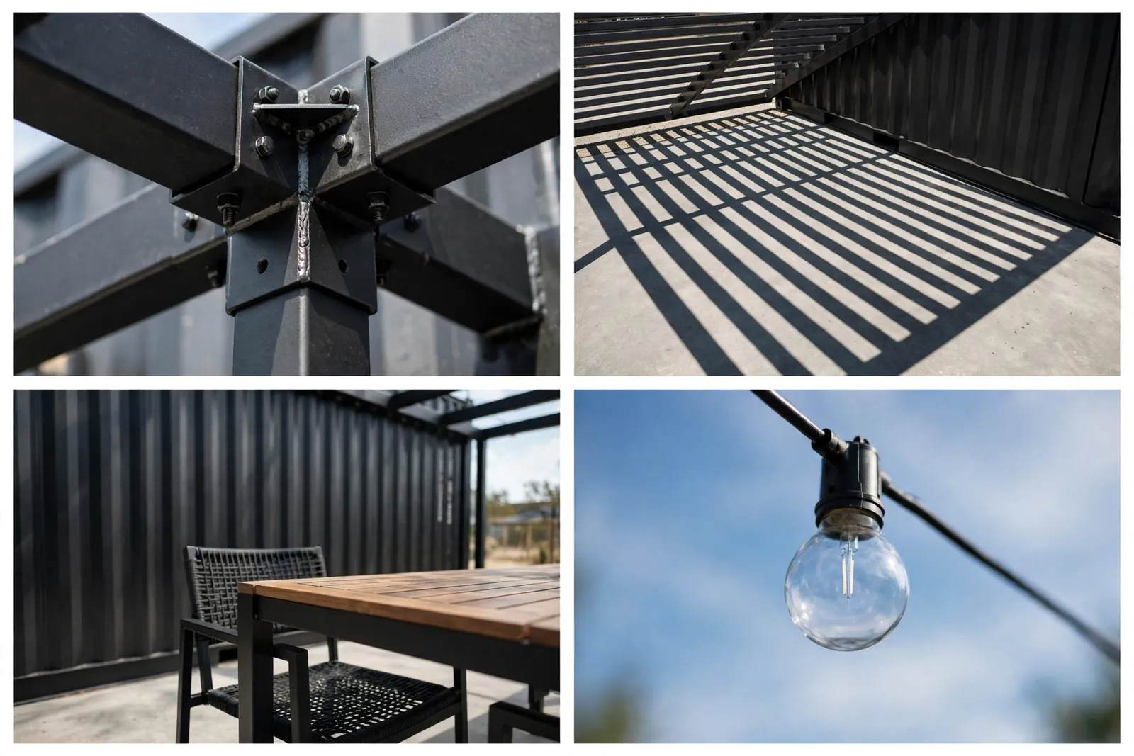 Four-panel collage: pergola beam joint, pergola shadow on patio, outdoor dining set corner, unlit string light bulb close-up
