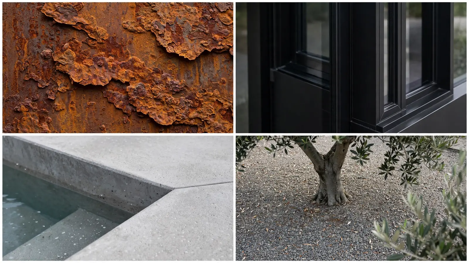 Four-panel collage: corten patina, glass door, pool edge, olive tree