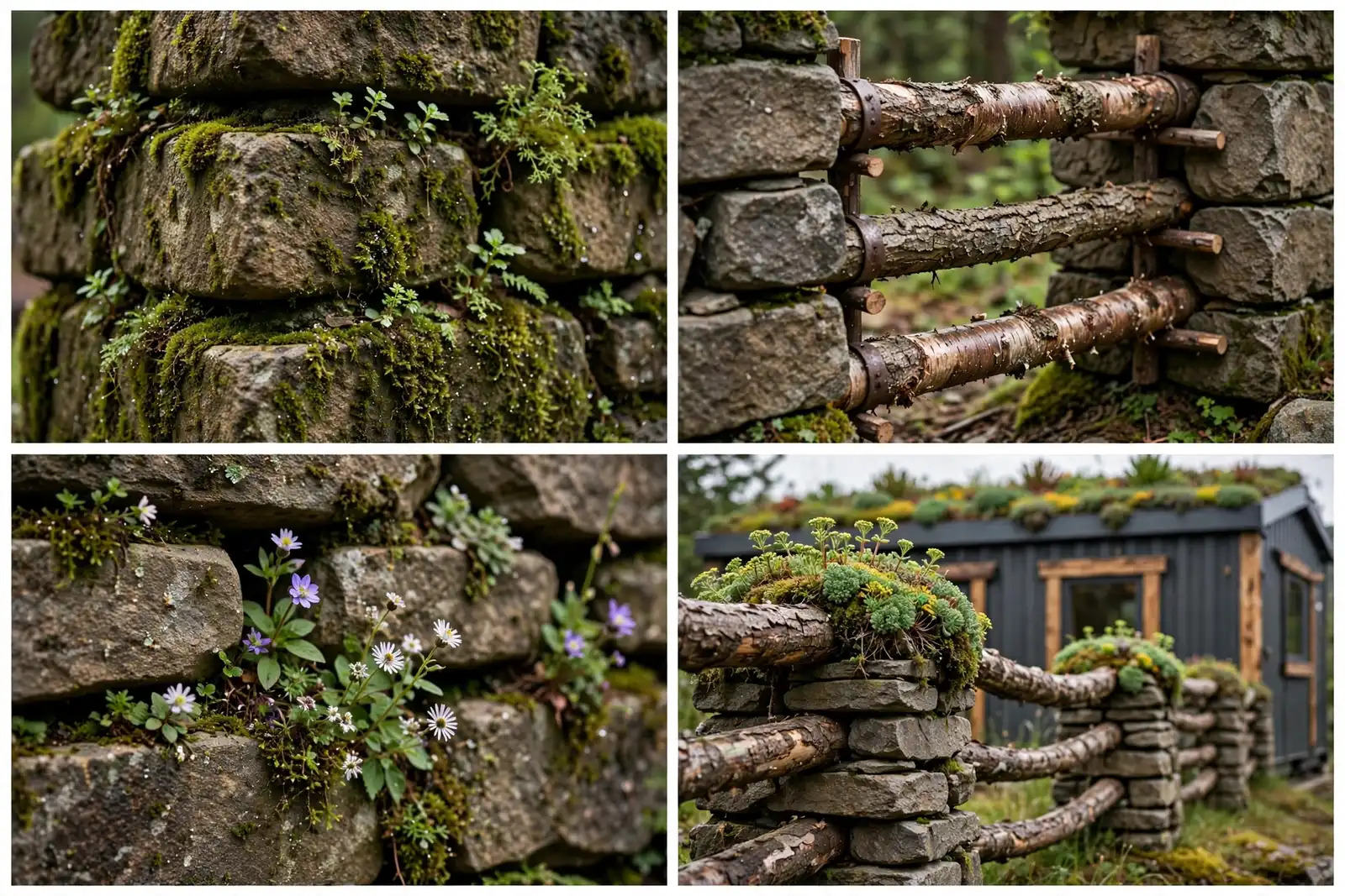 Detail collage of the living fence with moss in stone crevices, bark rails pinned between pillars, wildflowers and the fence by the home