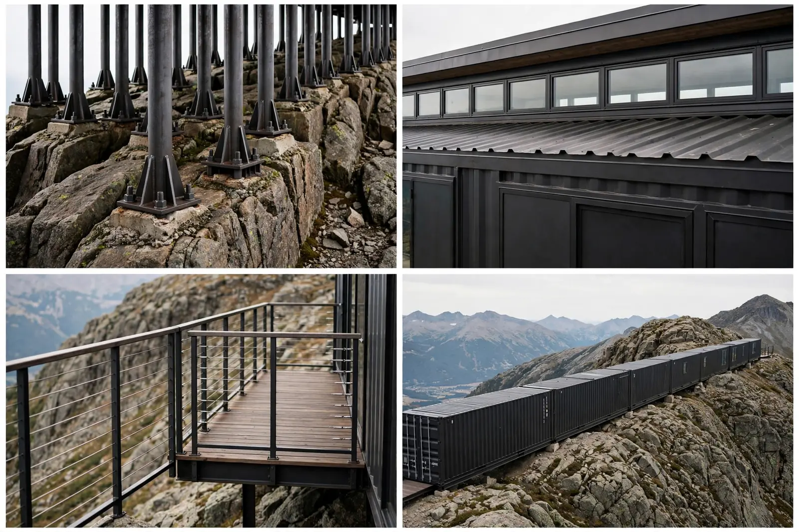 Four detail views of the Ridgeline Runner: steel columns in the ridge rock, clerestory window band, wraparound walkway deck, and the long container bar on the ridge.