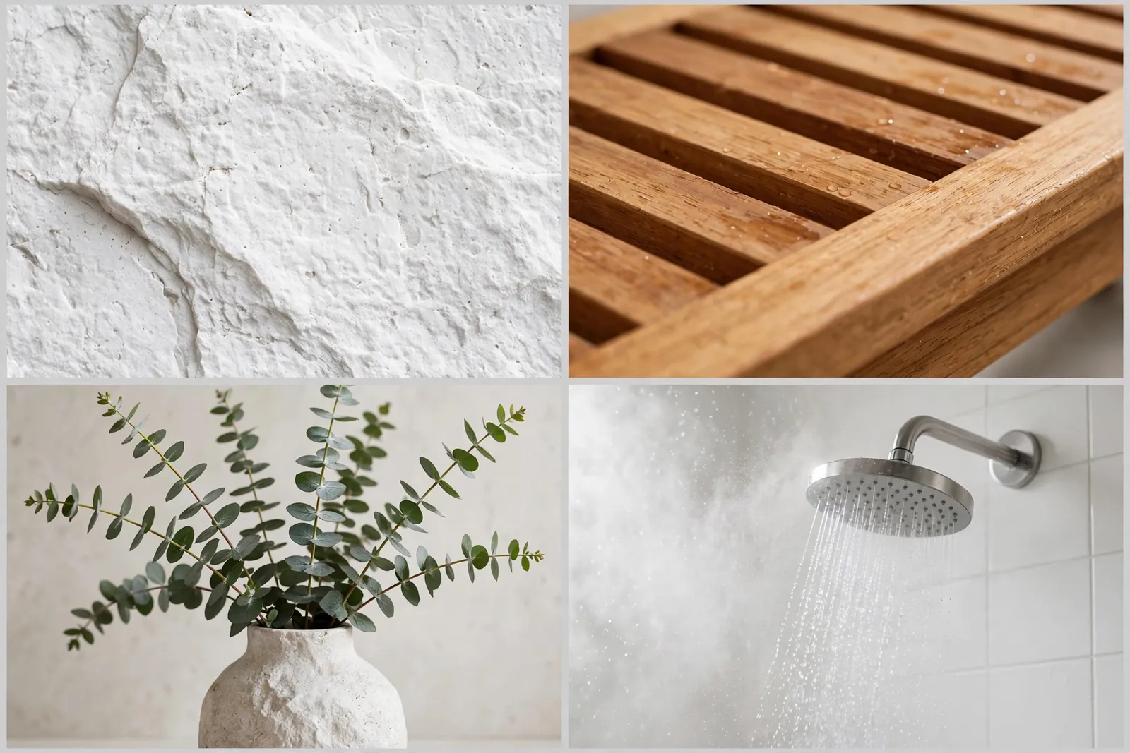 Four-panel collage of white spa details: white stone tile texture, teak bench, eucalyptus in stone vase and rainfall showerhead