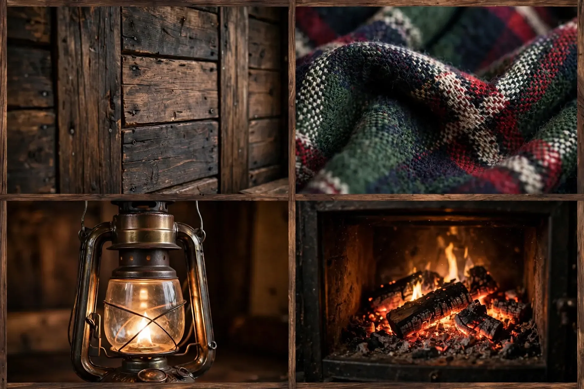 Close-up details of the rustic cabin style RV lounge: dark wood paneling, plaid throw texture, lantern light and fireplace glow