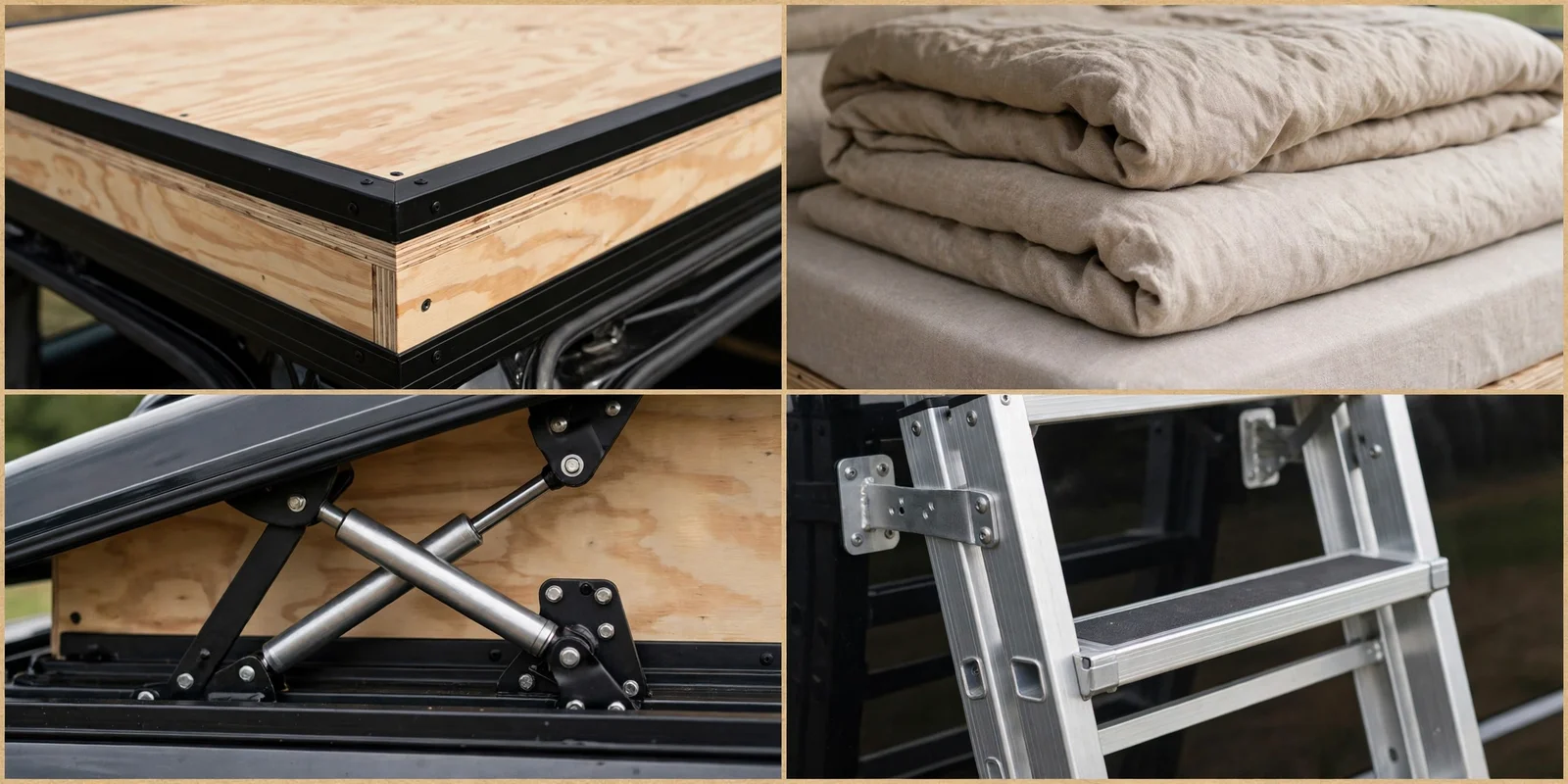 Four-panel detail collage of the Pop-Top Roof Bed showing the plywood roof bed platform with black trim, the mattress with folded linen bedding, the pop-top gas-strut and hinge mechanism, and the metal access ladder