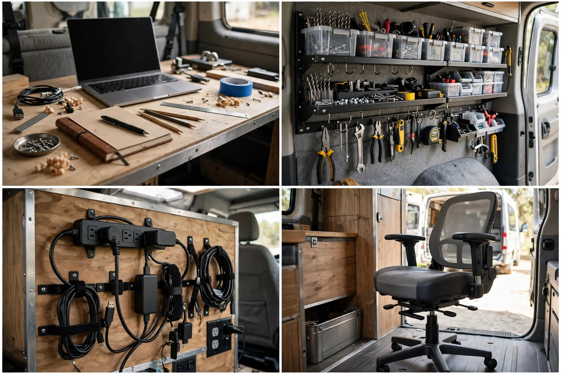 Four close-up details of the rear garage workshop office: workbench desk surface, tool storage, power and cable setup, and workshop chair ergonomics