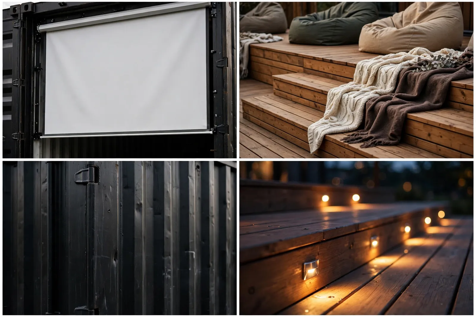 Four-panel collage: screen, tiered deck, black wall, deck lighting