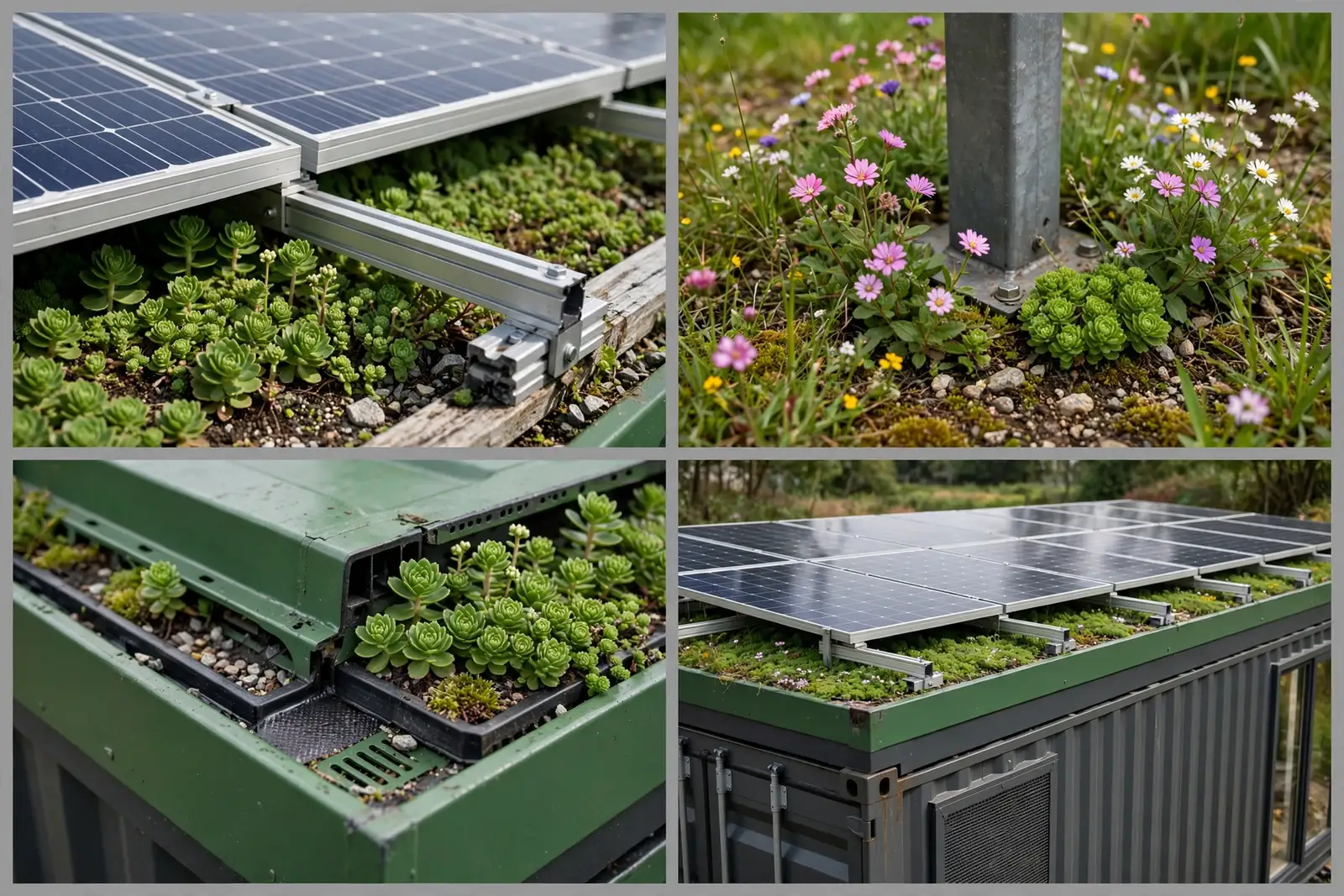 Detail collage of the solar green roof showing panel rails above sedum, wildflowers at the post base, the reinforced tray edge and the full array