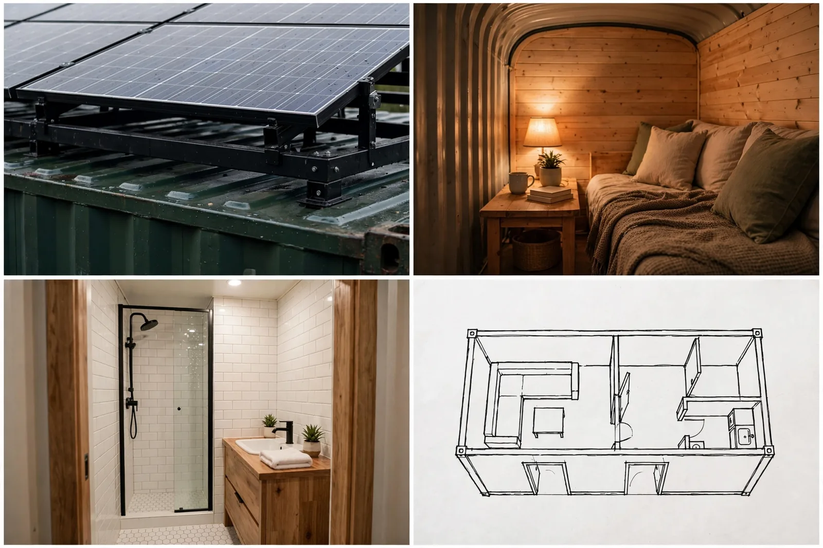 A four-panel grid showing rooftop solar panels, a cozy narrow wood-lined living space, a compact white-tile bathroom, and a clean line-art floor plan of the single 20-foot container.