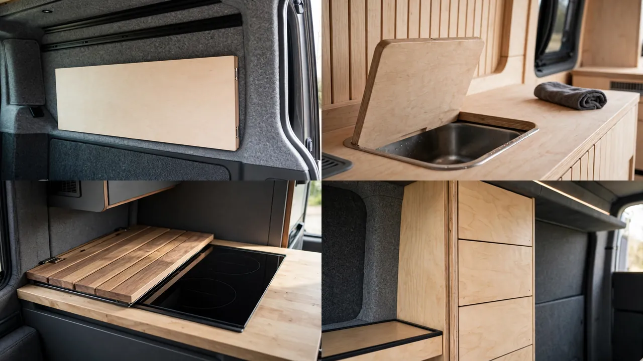 Close-up details of fold-down counter, hidden sink cover, concealed cooktop and slim cabinet
