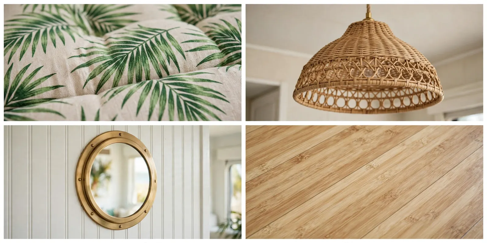 Four detail photos: palm-print cushion fabric, woven rattan pendant light, brass porthole mirror on white beadboard, and bamboo-look vinyl plank flooring.