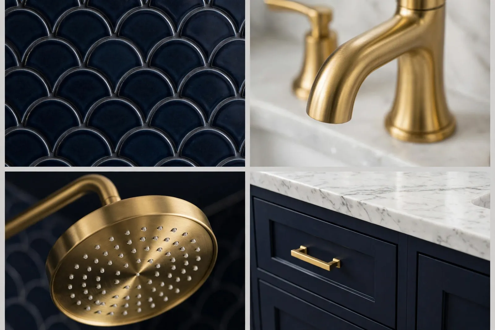 Four-panel collage of navy and gold details: fish-scale tile, brushed gold faucet, gold rainfall head and navy vanity with marble top