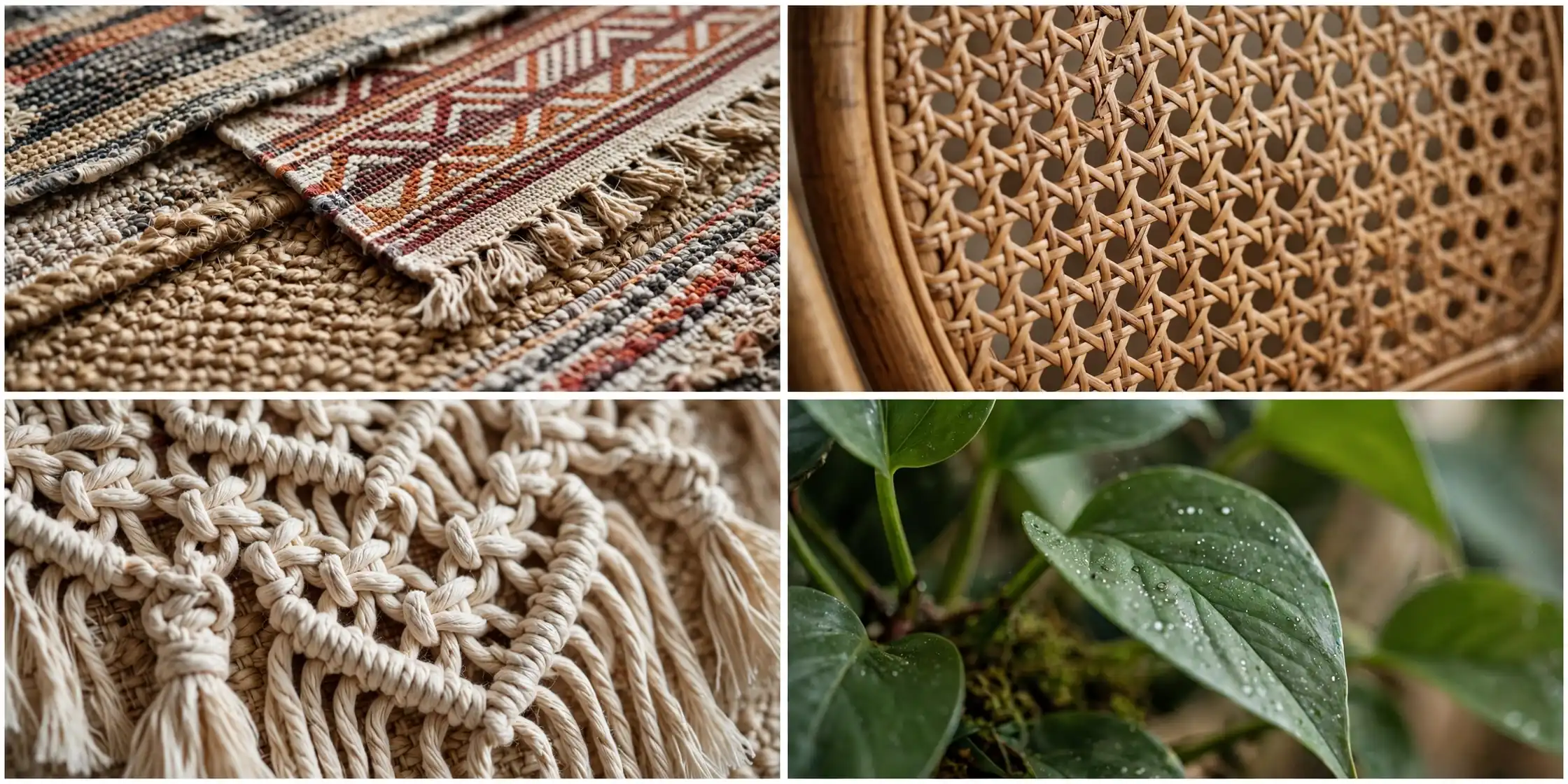 Close-up details of the boho RV living room: layered rug texture, rattan chair weave, macrame detail and plant leaves