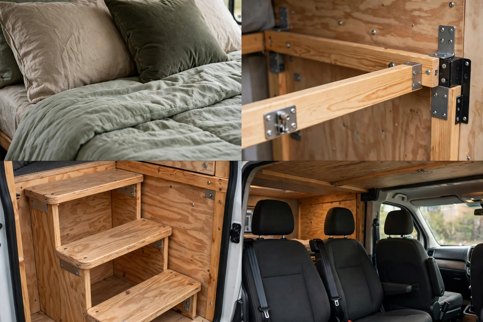 Four-panel detail collage of the fixed overhead cabover bed showing the made-up bedding and pillows, the wooden safety rail and bed frame fixings, the wooden access steps, and the cab seats below the overhead bed