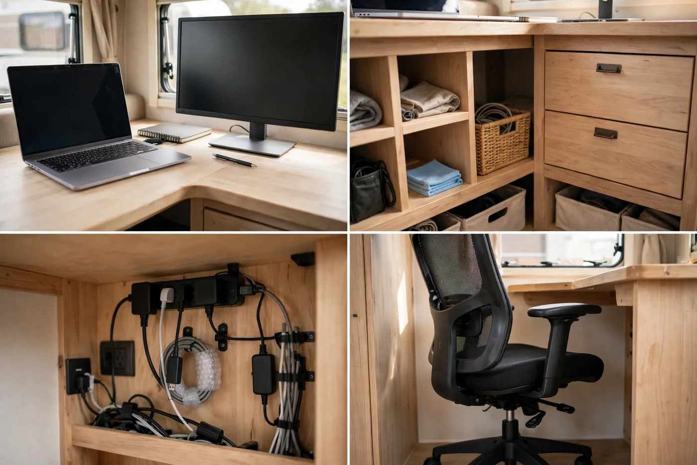 Four-panel close-up collage of a corner L-shaped RV desk showing the desk surface, under-desk storage, power and cable setup, and ergonomic chair