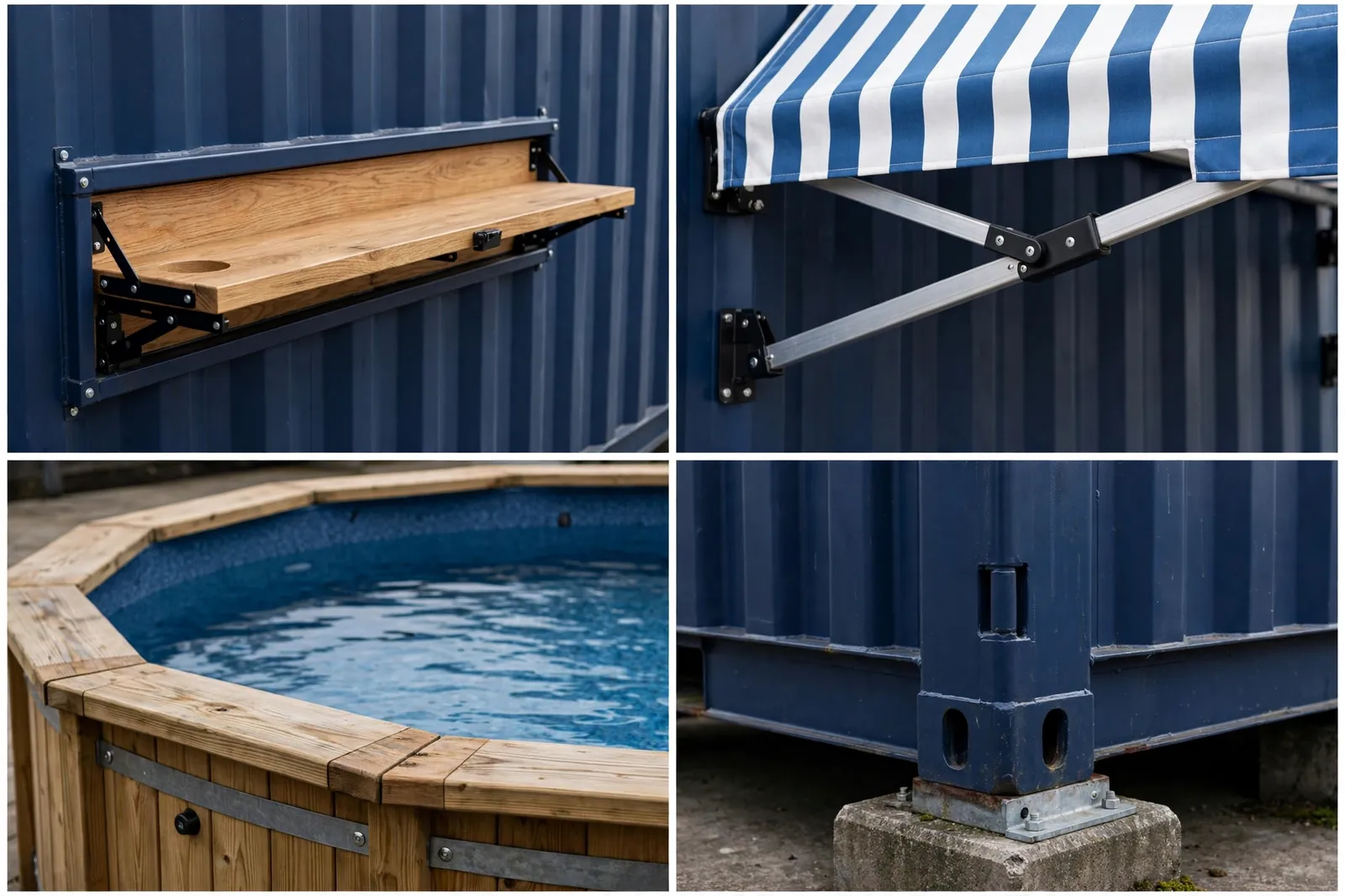 Four-panel collage: murphy bar, awning, round pool, piers