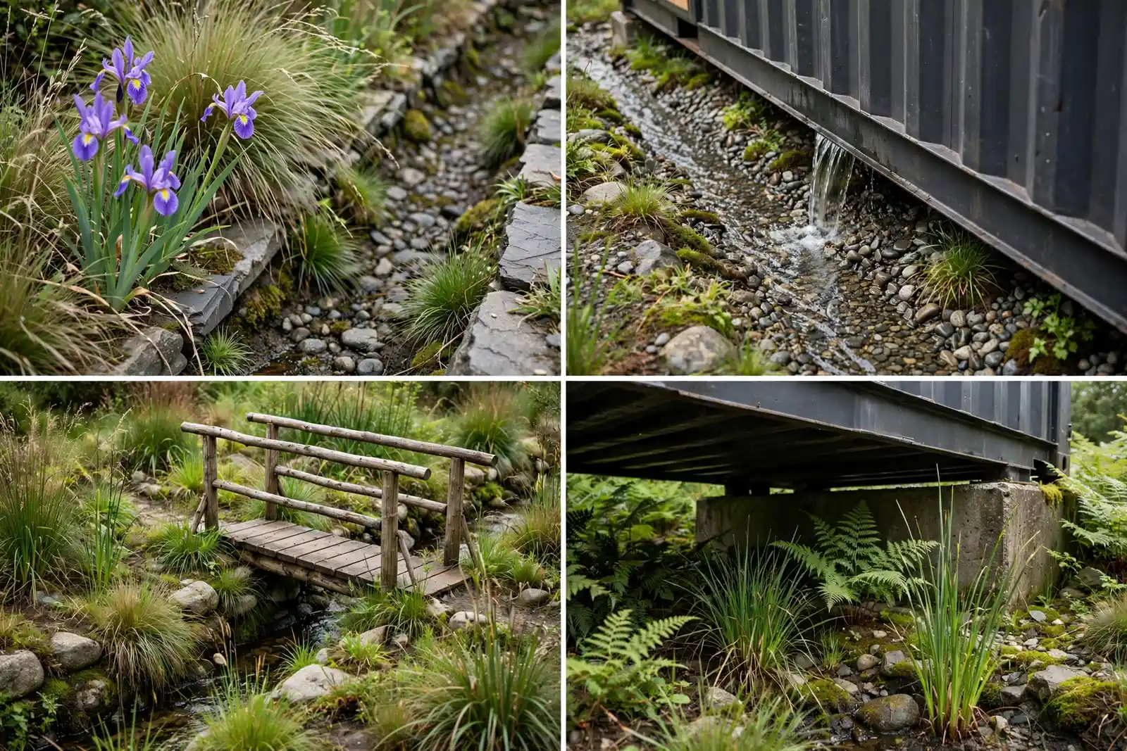 Detail collage of the rain garden with iris in a stone swale, water trickling through gravel, the footbridge and ferns by a concrete pier