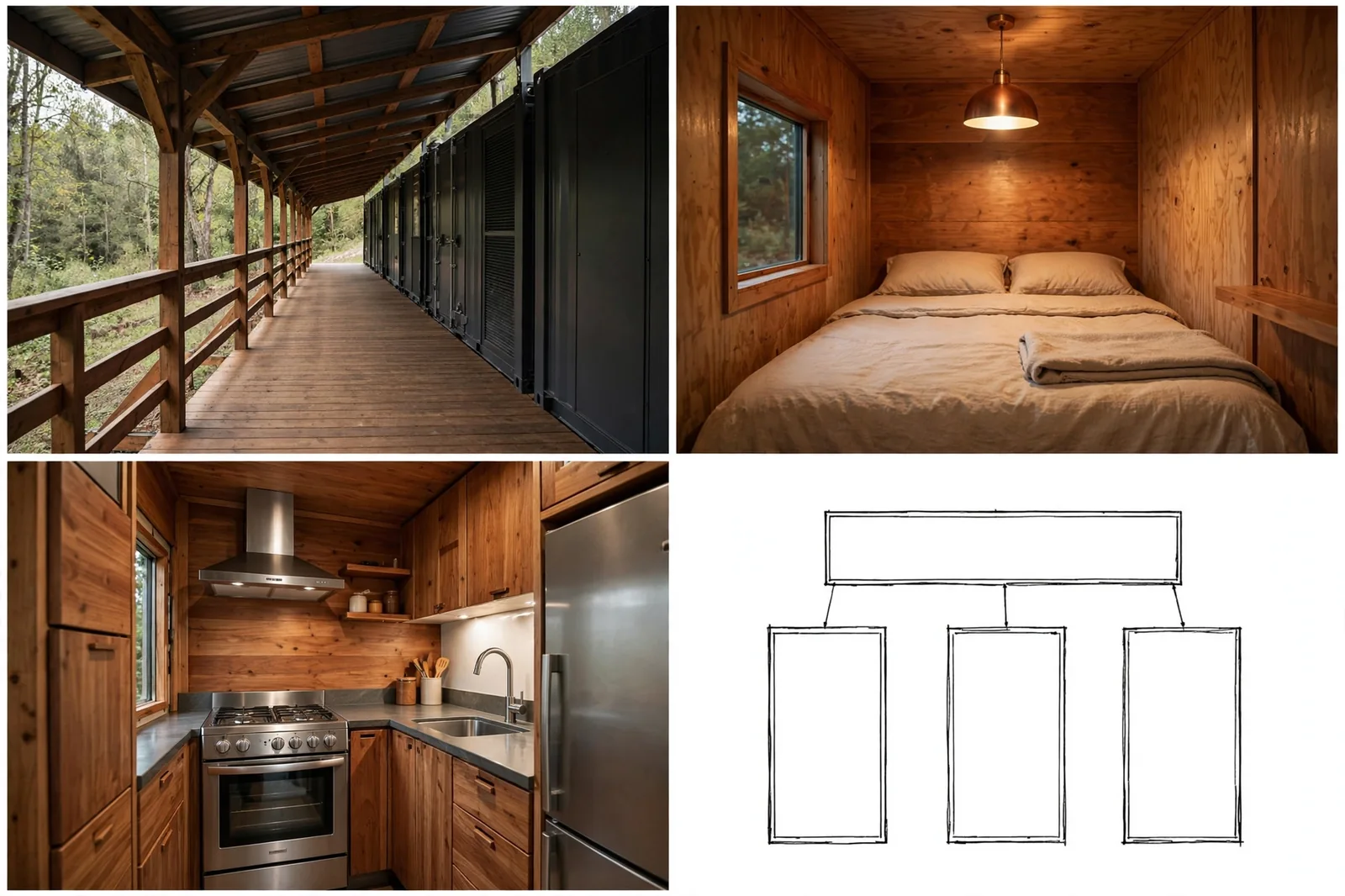 A four-panel grid showing a covered wooden hallway walkway beside the container row, a warm wood-clad bedroom pod, a compact kitchen pod, and a line-art schematic of the three containers with their hallway.