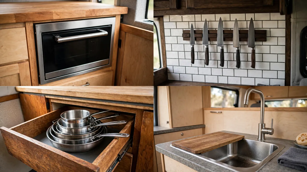 Close-up details of convection oven, knife strip, pot drawers and large sink