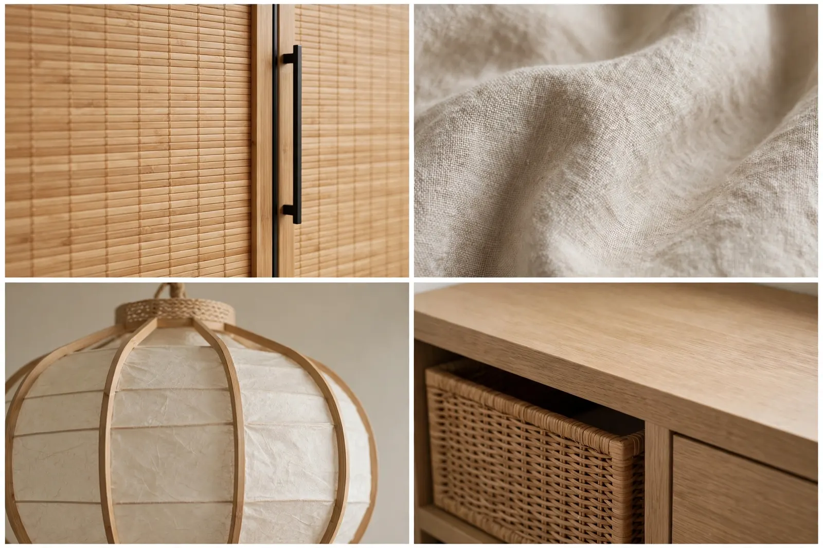 Four detail photos: bamboo cabinet front with slim black pull, natural linen fabric close-up, paper lantern pendant light, and light oak storage bench with woven basket.