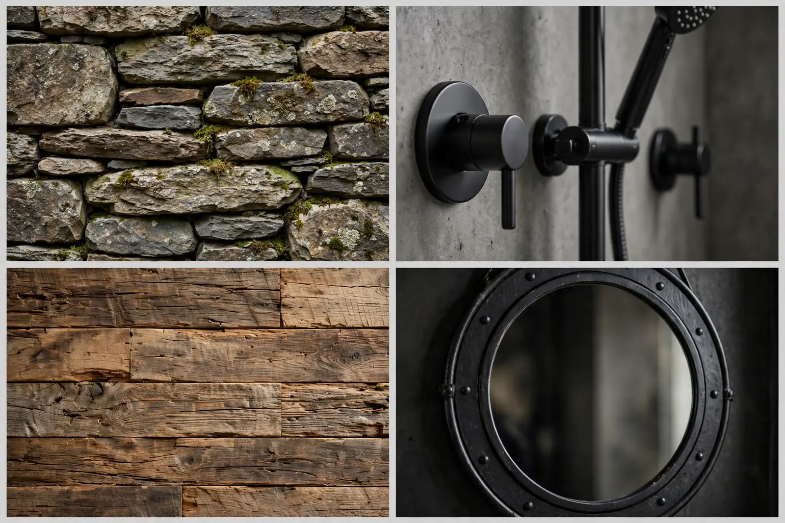 Four-panel collage of rustic stone details: stacked stone texture, matte black shower fixtures, reclaimed wood grain and iron-framed mirror