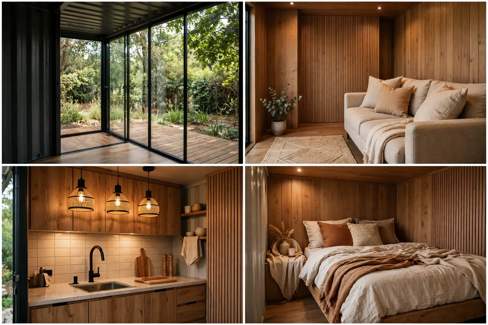 A four-panel grid of photographic interiors: the floor-to-ceiling glass end wall seen from inside, a warm living room, a kitchen with rattan pendants, and a cozy bedroom.