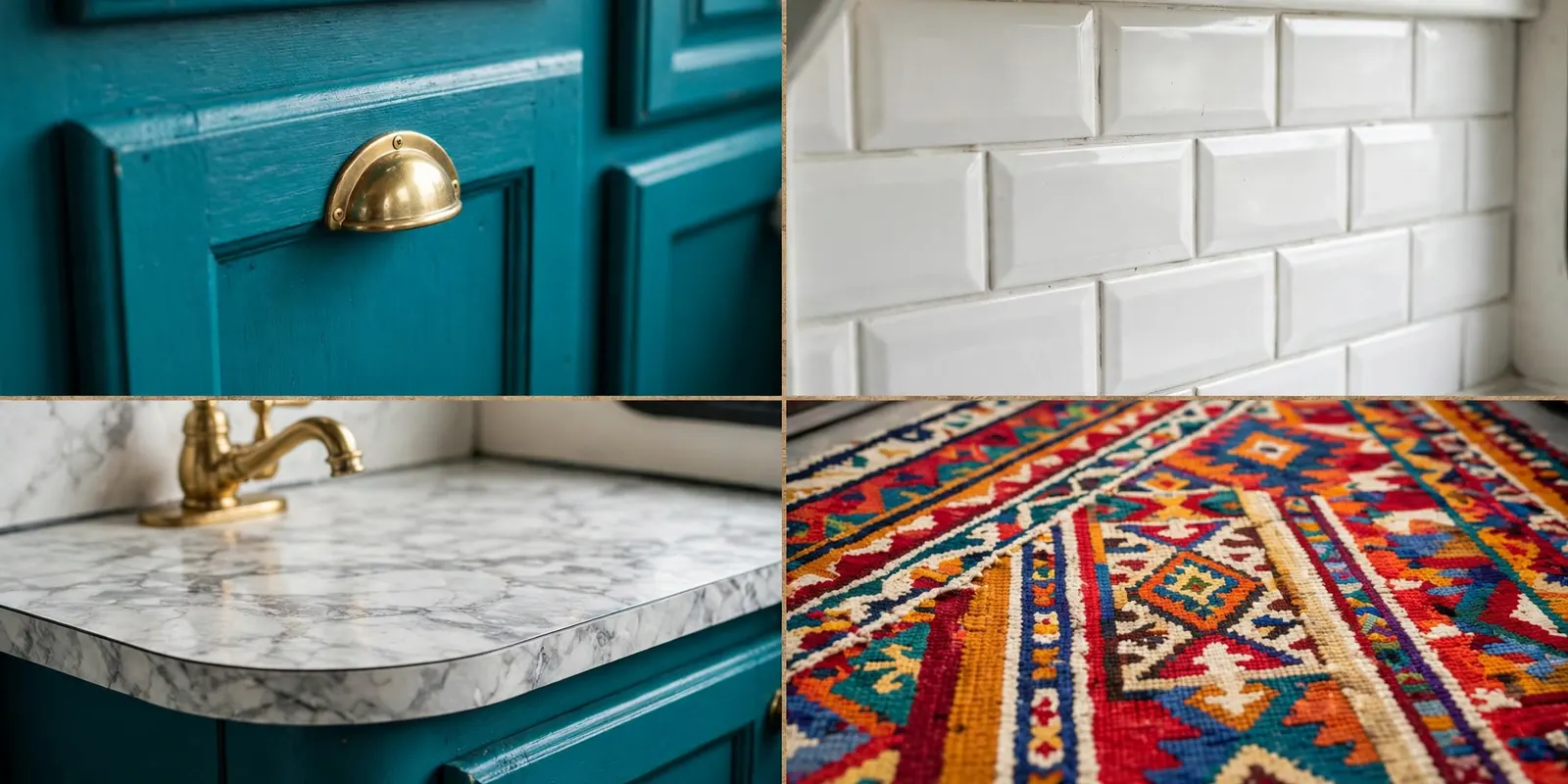 Four detail photos: teal cabinet door with brass cup pull, white subway tile backsplash, marble-look countertop with brass faucet, and colorful kilim rug textile.