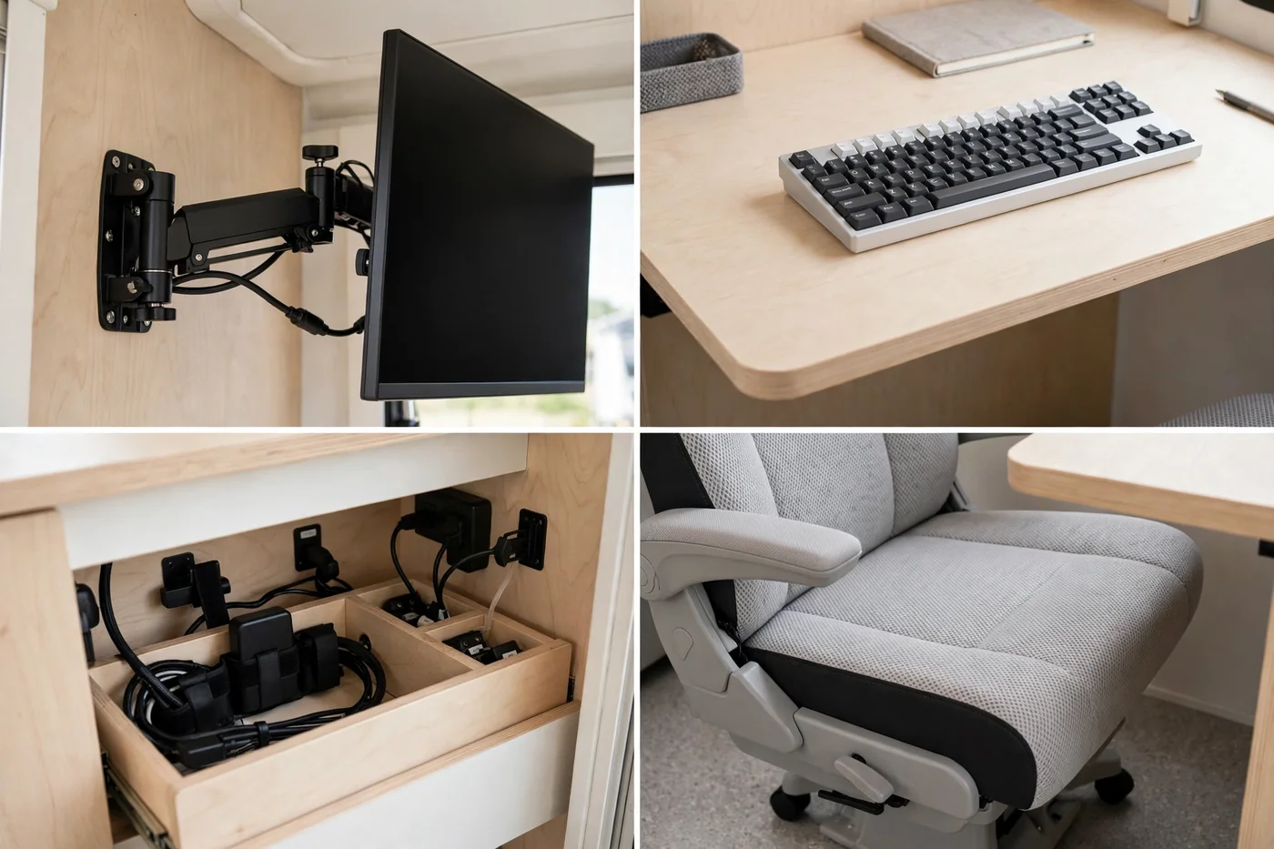 Four-panel close-up collage of a minimalist RV monitor-arm desk showing the monitor arm mount, clean desk surface, cable management, and ergonomic chair