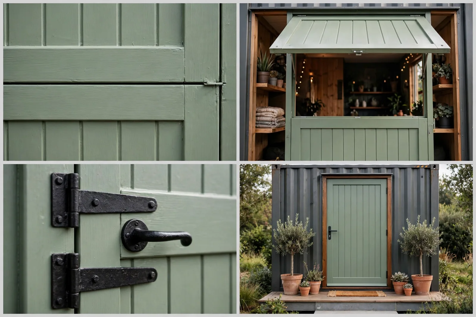 Four-panel collage of the dutch door: split between halves close-up, top half open, iron hinge and handle detail, full door on the porch