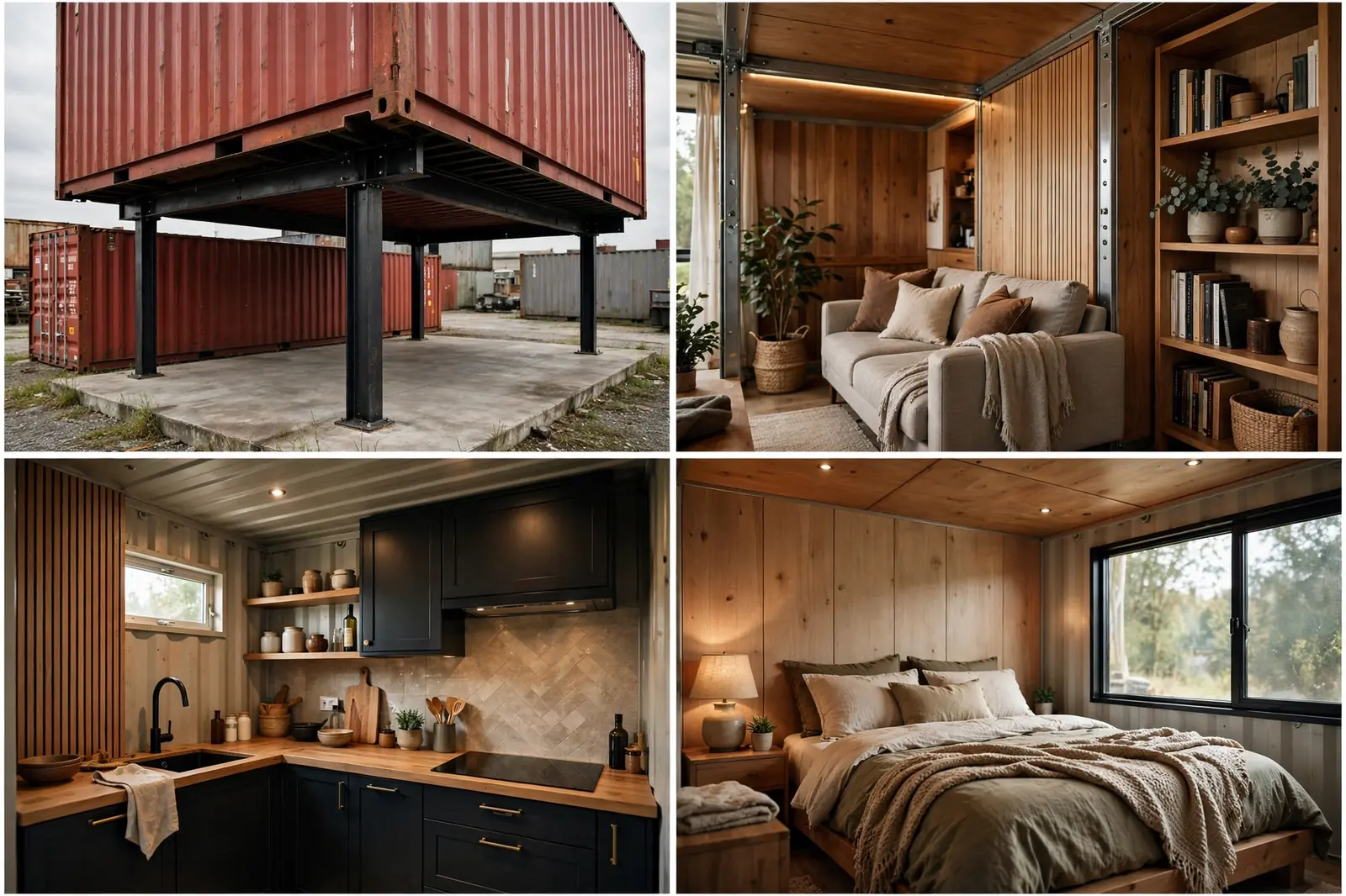 A four-panel grid showing the rust-red cantilevered container on black steel columns, a warm living room with bookshelves, a dark-cabinet kitchen, and a wood-paneled bedroom.