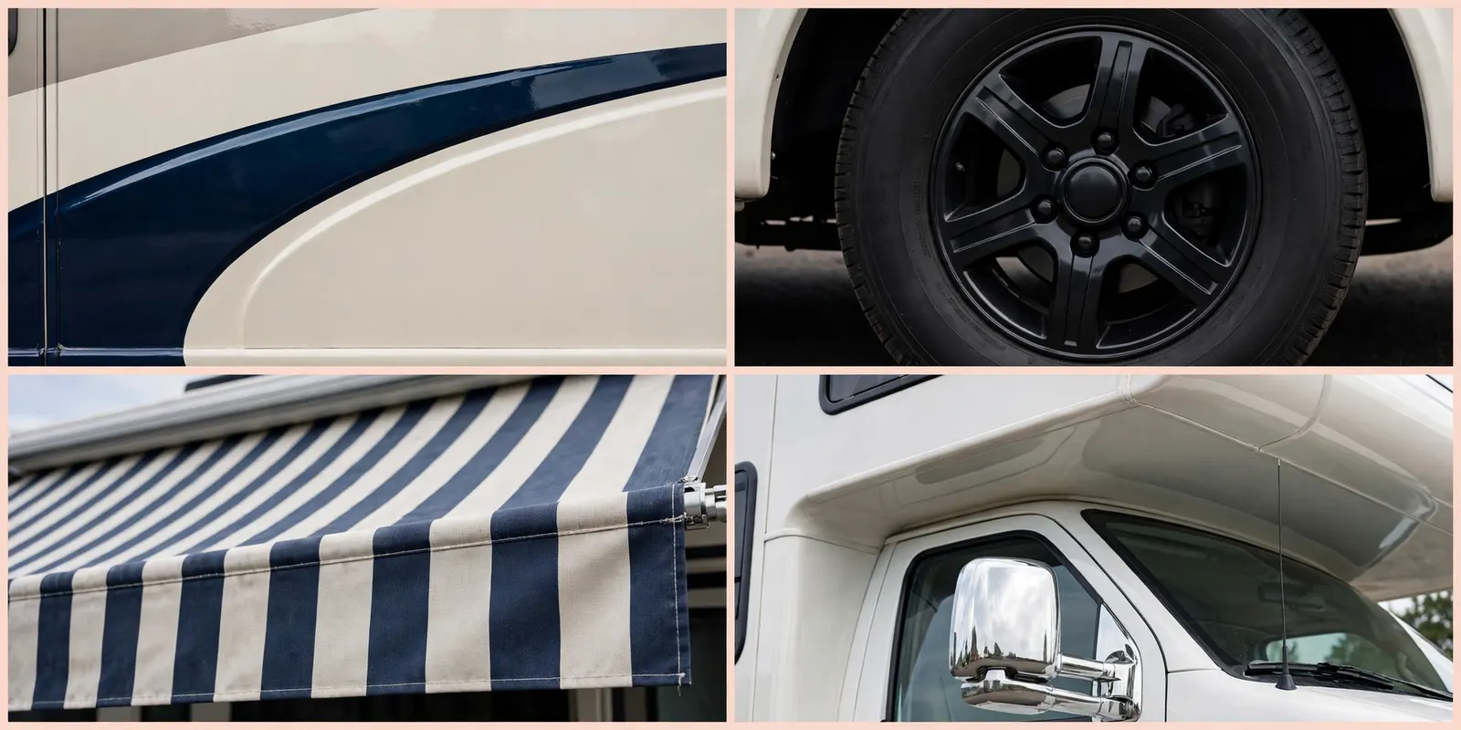 Four detail photos: navy and cream two-tone paint swoosh on the vehicle side, new black alloy wheel, striped side awning fabric, and chrome side mirror with cab-over bunk detail.