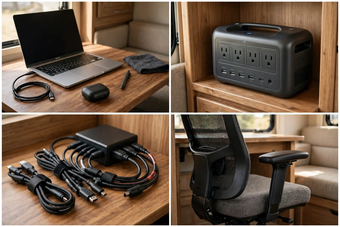 Four-panel close-up collage of a boondocking solar power desk showing the laptop desk surface, portable power station outlets, charging cables, and ergonomic chair